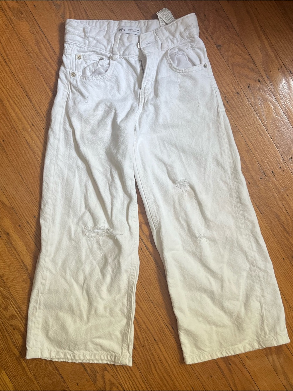 Zara White Wide-Leg Distressed Denim Pants
